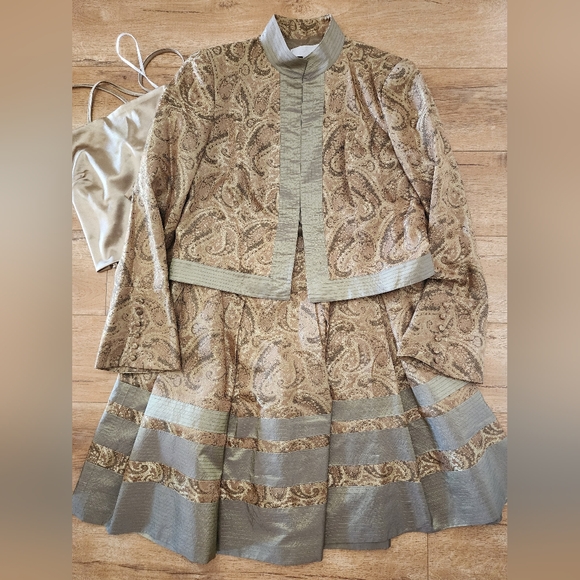 Set Of 3 BADGLEY MISCHKA Brocade CHAMPAGNE Gold SILK Combo Blazer + Skirt SZ 8 - Picture 1 of 16